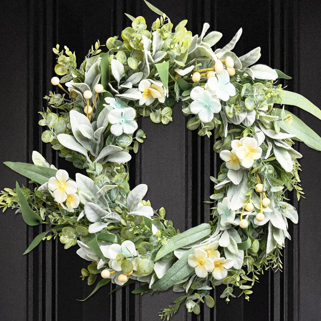 Perfnique Spring Wreaths for Front Door, Lambs Ear Wreath with Hydrangeas Flower and Eucalyptus Leaves, 20'' Green Artificial Wreath for Porch Window, Farmhouse Decor for Wall (Greenery)