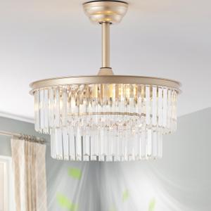 20" Gold Crystal Fandelier Ceiling Fans with Lights, Caged Gold Crystal Chandelier Ceiling Fan with Light Remote Control with 6 Speeds for Bedroom, Nursery, Living Room