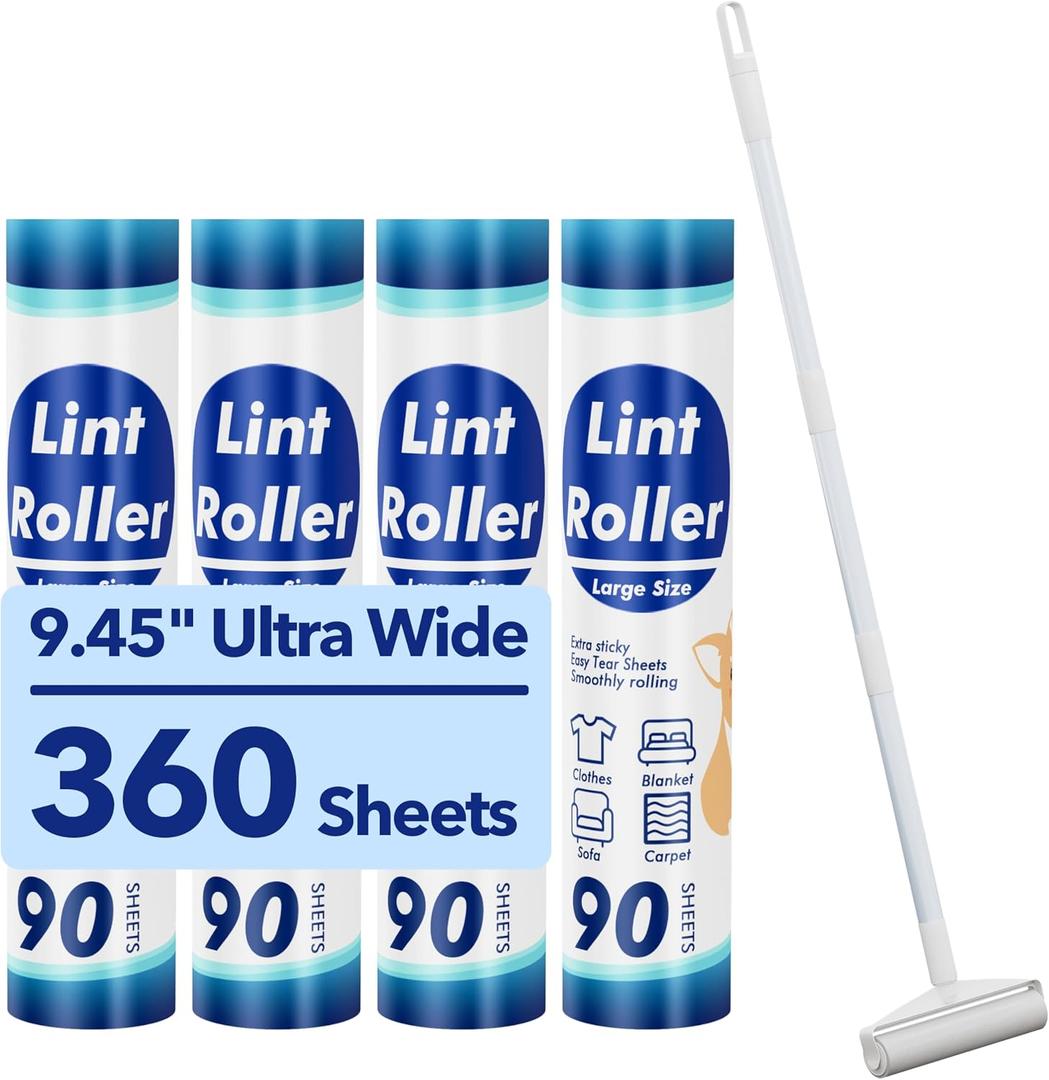 Large Lint Rollers for Carpet, 9.45'' Sticky Rollers for Floor with 360 Sheets, Extendable Long Handle Sticky Mop for Cleaning Couch, Curtains, Cars, Clothing, and Pet Hair