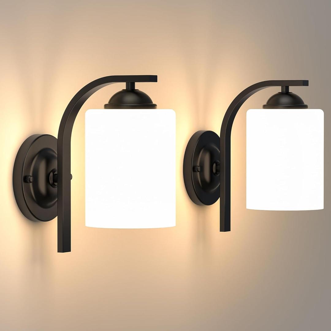 2-Pack Wall Sconces for Bedroom and Bathroom, Matte Black Farmhouse Wall Light Fixtures with Glass Shade, Modern Vanity Wall Lamps for Living Room, Hallway, Kitchen