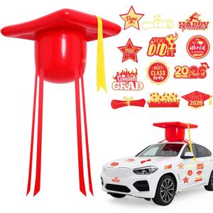 Graduation Car Decorations Kit for Class of 2026 Large Inflatable PVC 20 Inch Graduation Cap and 18 Pcs Grad Magnet Sticker for 2026 Grad Prom Party Golf Cart Decor (Red)