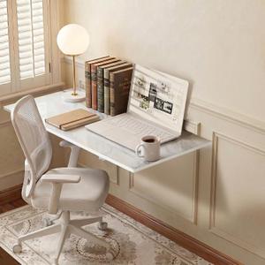GOYLSER Wall Mounted Desk Folding Table Laundry Fold Table, White Marble Fold Down Work Bench, Foldable Mount Station for Floating Bar, Office, Dining Room, Kitchen, 35" x 20.5"