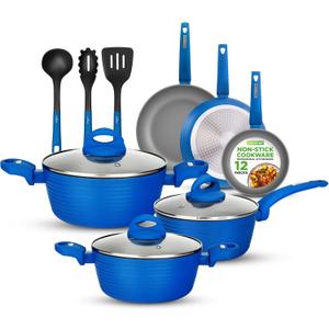 NutriChef 12-Pc Blue Nonstick Cookware Set - Professional Pots & Pans with Durable Coating, All Cooktops Compatible, Including Induction