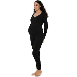 POSHDIVAH Women's Maternity Bodysuit Scoop Neck Long Sleeve T Shirt Stretchy Jumpsuit Pregnancy Shapewear Romper (Large, Black)