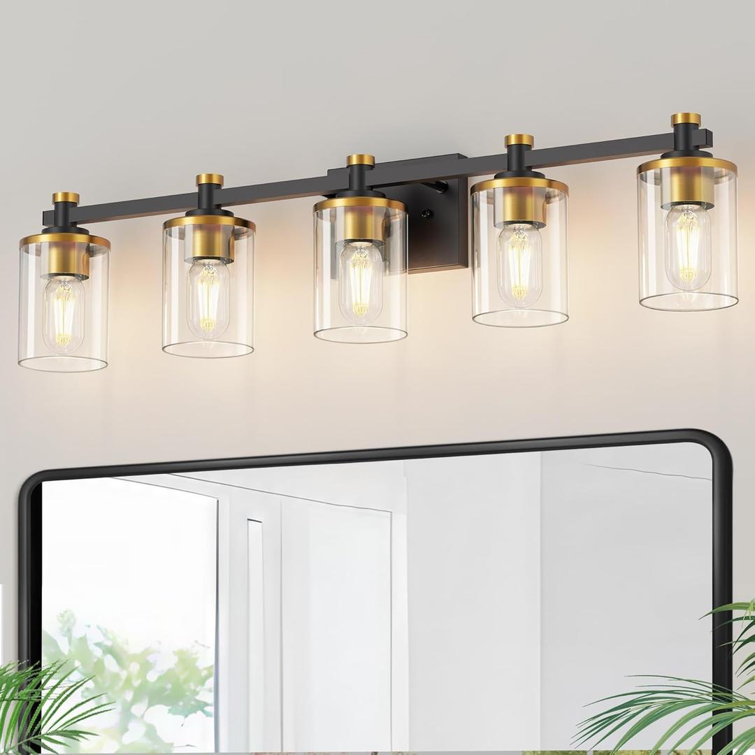 DORESshop 5-Light Black and Gold Bathroom Light Fixtures, Modern Wall Sconce Lighting with Clear Glass Shade,Vanity Lights for Bathroom