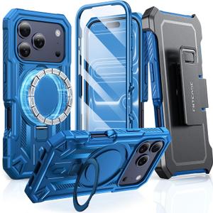 FNTCASE for iPhone 17 Pro-Max Case: with Kickstand [Built-in Screen Protector & Belt Clip] [Compatible with MagSafe] Military Grade Shockproof Rugged Hard TPU Magnetic Phone Cover Blue