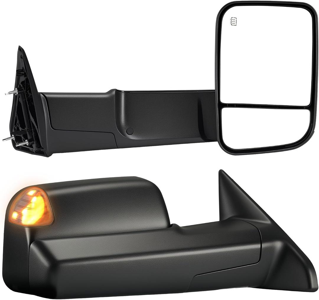 Tow Mirrors Compatible with 2009-2018 Dodge Ram 1500, 2010-2018 2500 3500, Flip Up Extended Trailer Towing Side Mirrors with Turn Signal, Power Heated, Black