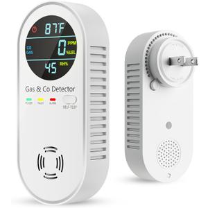Carbon Monoxide Detectors & Natural Gas Detector, 4-in-1 Carbon Monoxide Detectors Plug in, Gas Leak Detector with Dual Alarms, Temperature & Humidity Sensor for Home, RV Essentials, White, 1 Pack
