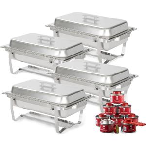 Alpha Living 4 Pack 8QT Chafing Dish Full Set with 8 Pack DEG Chafing Fuel Stainless Steel Catering Chafer with Lids, Pans & Fuel Buffet Food Warmers for Parties, Events & Weddings