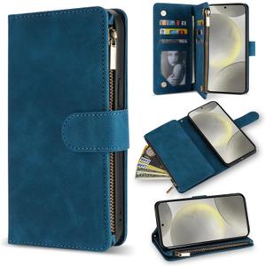 ZZXX for Samsung Galaxy S24 Wallet Case with RFID Blocking Card Slot PU Leather Zipper Flip Folio with Strap Kickstand Protective Cover for Samsung Galaxy S24 Case Wallet(Blue-6.2 inch)