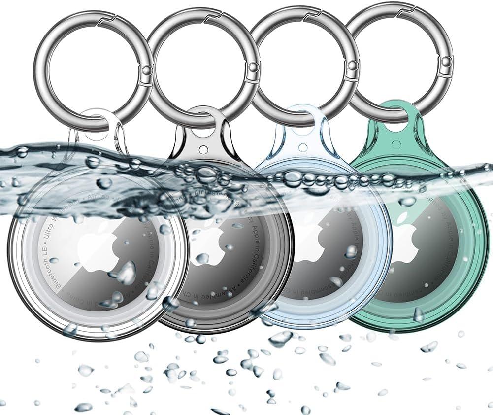 4 Pack Airtag Holder IPX8 Waterproof for Apple Air Tags with Keychain, Hard PC Cover [Anti-Scratch] for Air-Tag Item Finder GPS Tracker Case Key Chain, Clear/Black/Blue/Green