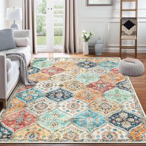 8x10 Area Rug Moroccan Trellis Machine Washable Rug Vintage Medallion Distressed Indoor Accent Rug Stain Resistant Non-Slip Floor Cover Carpet for Living Room Bedroom, Cream