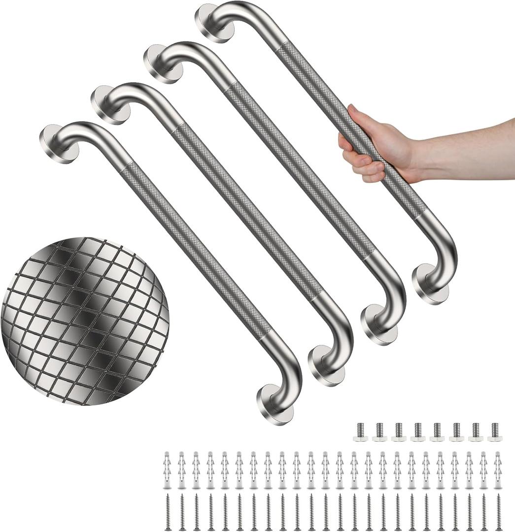 4 Pack 24 Inch Shower Grab Bar, YuanDe Brushed Nickel Bathroom Grab Bar Handle w/Anti-Slip Knurled Grip, Stainless Steel Bath Balance Bar, 1.25" Diameter Safety Hand Rail Support,Handicap Elderly