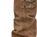 Knee High Boots Women Fall Slouchy Fold Over Tall Boots - Motorcycle, Hidden Zipper, Fashion Buckle, Platform, Square Toe (10, 1 Taupe)