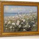 Vintage Golden Framed Wall Art Coastal Wildflower Canvas-Beach Floral Landscape Canvas Decor for Farmhouse Cottage Bedroom Living Room Bathroom | Serene Oceanfront Flower Print 16x24in