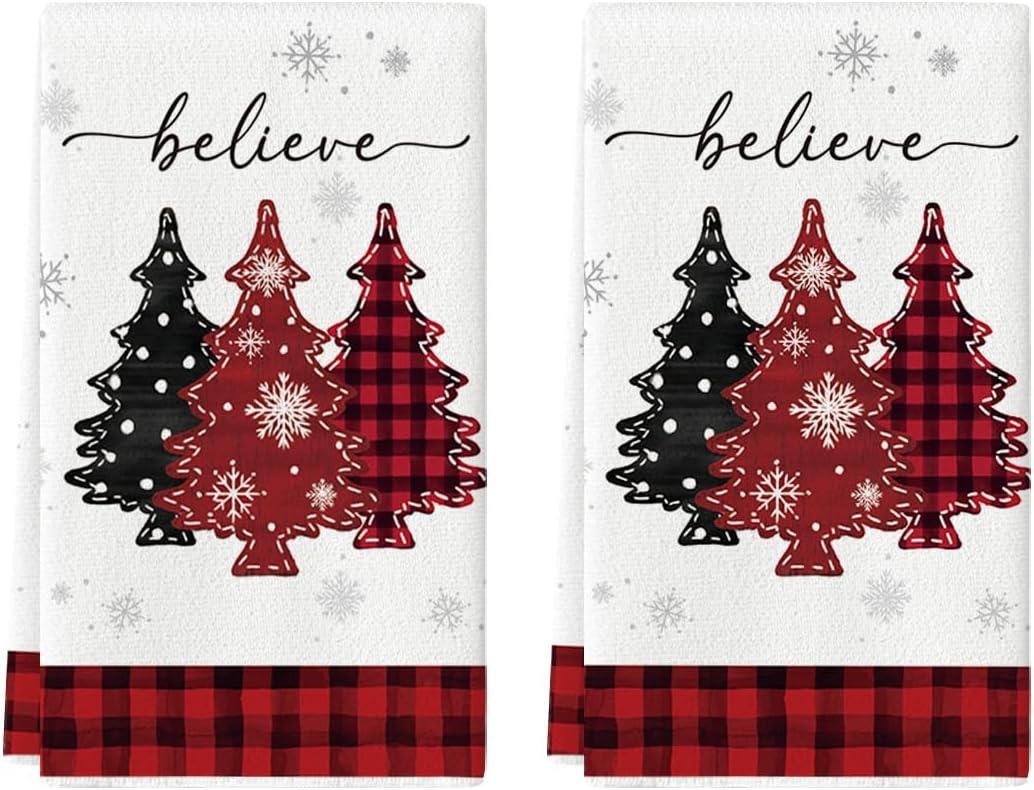 Artoid Mode Red Pine Trees Merry Christmas Kitchen Towels Dish Towels, 18x26 Inch Holiday Believe Xmas Winter Decoration Hand Towels Set of 2