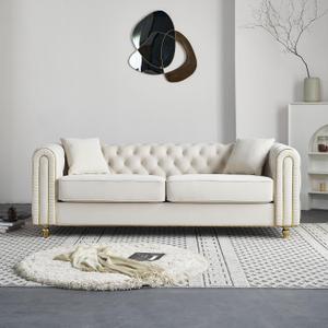 KEIKI 86" Chesterfield Velvet Button Tufted Sofa with High Density Foam Cushions and 2 Toss Pillows, Modern Style 3-Seater Couch with Gold Strip Trim Decoration, Easy Assembly, for Living Room, Beige, 86"+Rolled Arm