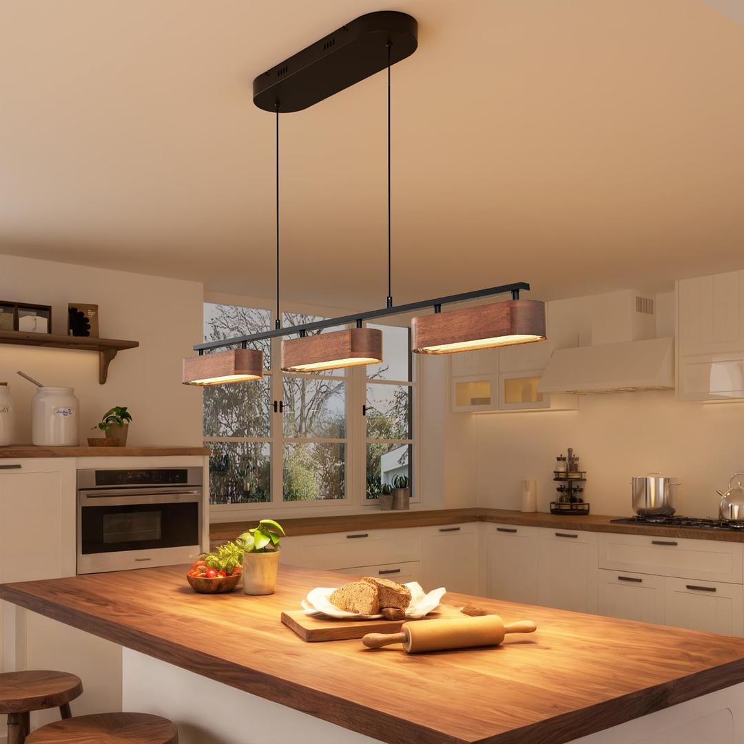 37.6" Kitchen Island Lights, 28W Wood Dining Room Light Fixtures Over Table, Dimmable Linear Pendant Lights for Kitchen Island, 3-Light Rustic Hanging Farmhouse Chandeliers, Walnut Color, 37.6 in - Large Plate