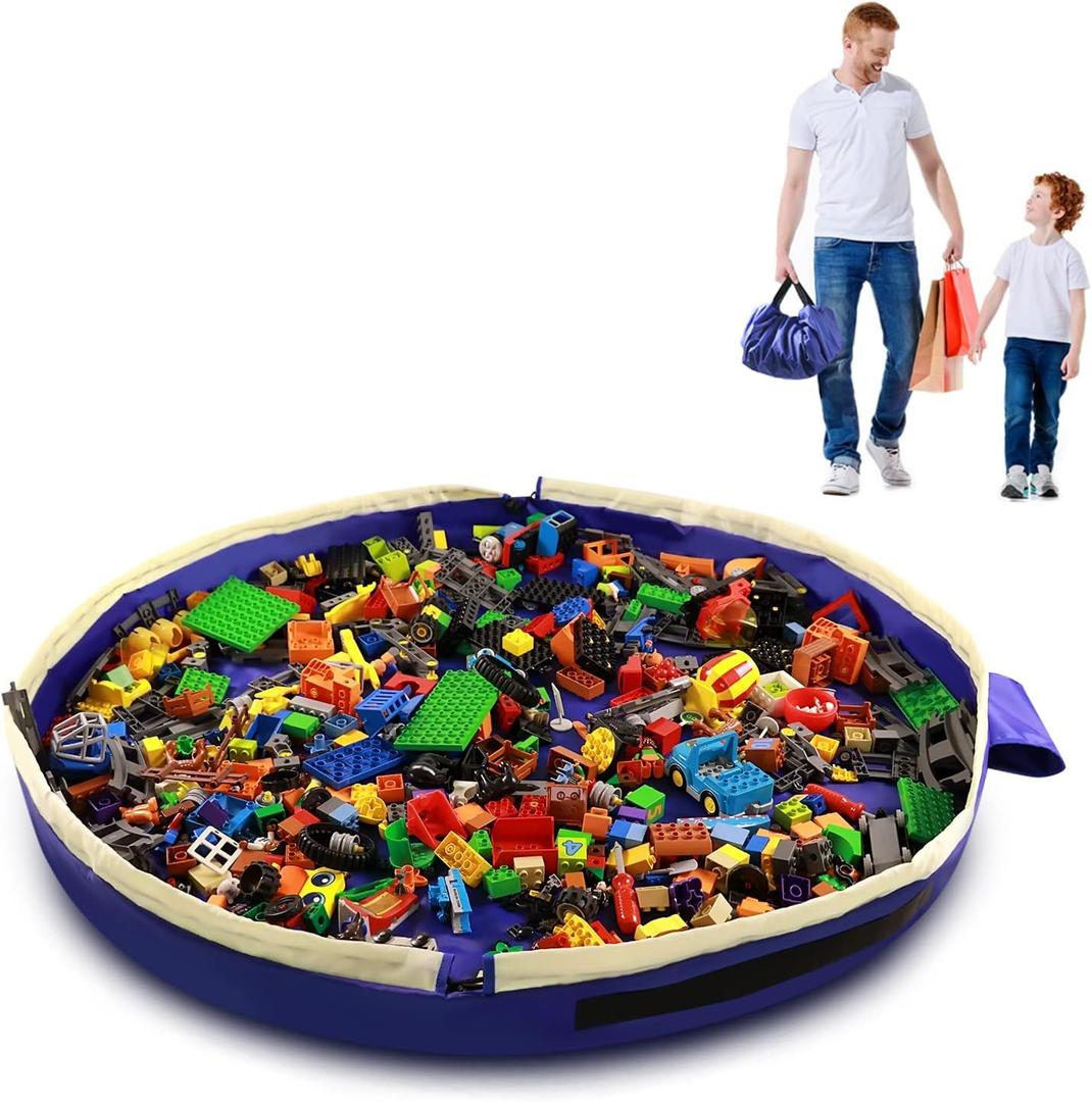Toy Storage Mat Bag by Drawstring for Lego - Play Mat Bag Toy Storage Container for Kids with Cap can as Gift Blue 47inch