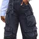 YOOTIKO Women Denim Overalls Jean Jumpsuit Cargo Pants Baggy Straight Leg Bib Jean Romper Streetwear (Black, XXL)