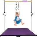 Adjustable Gymnastics Bar for Kids with Mat - Sturdy Kip Bar with Rings, Horizontal Bar for Home Training, 3'-5' Height, Ages 3-15, 250 LBS Capacity, Easy Assembly. (White)