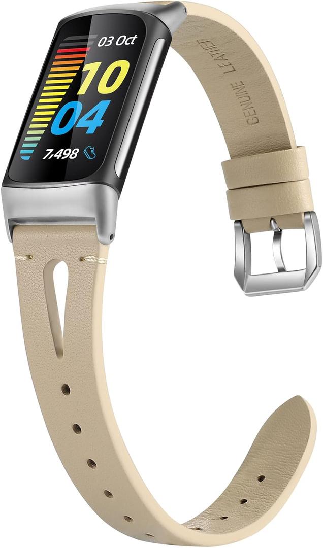 Wearlizer Compatible with Fitbit Charge 6/Charge 5 Bands  Slim Leather Watch Band Accessories for Women & Men, Beige