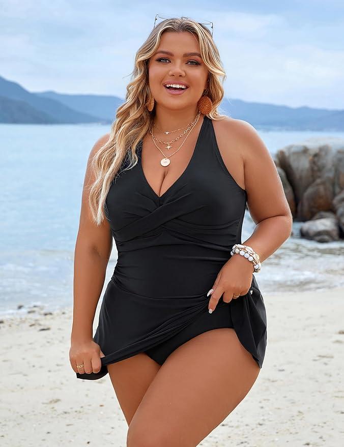Blooming Jelly Women Plus Size Swimsuit One Piece Swim Dress Tummy Control Bathing Suits Criss Cross Modest Swimwear XL