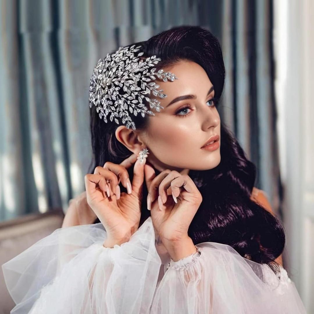 HONGMEI Bridal Rhinestone Headpiece for WeddingLeaf Crystal Hair Pieces Bride Side Headpieces Wedding Hair Accessories for Women(Silver)