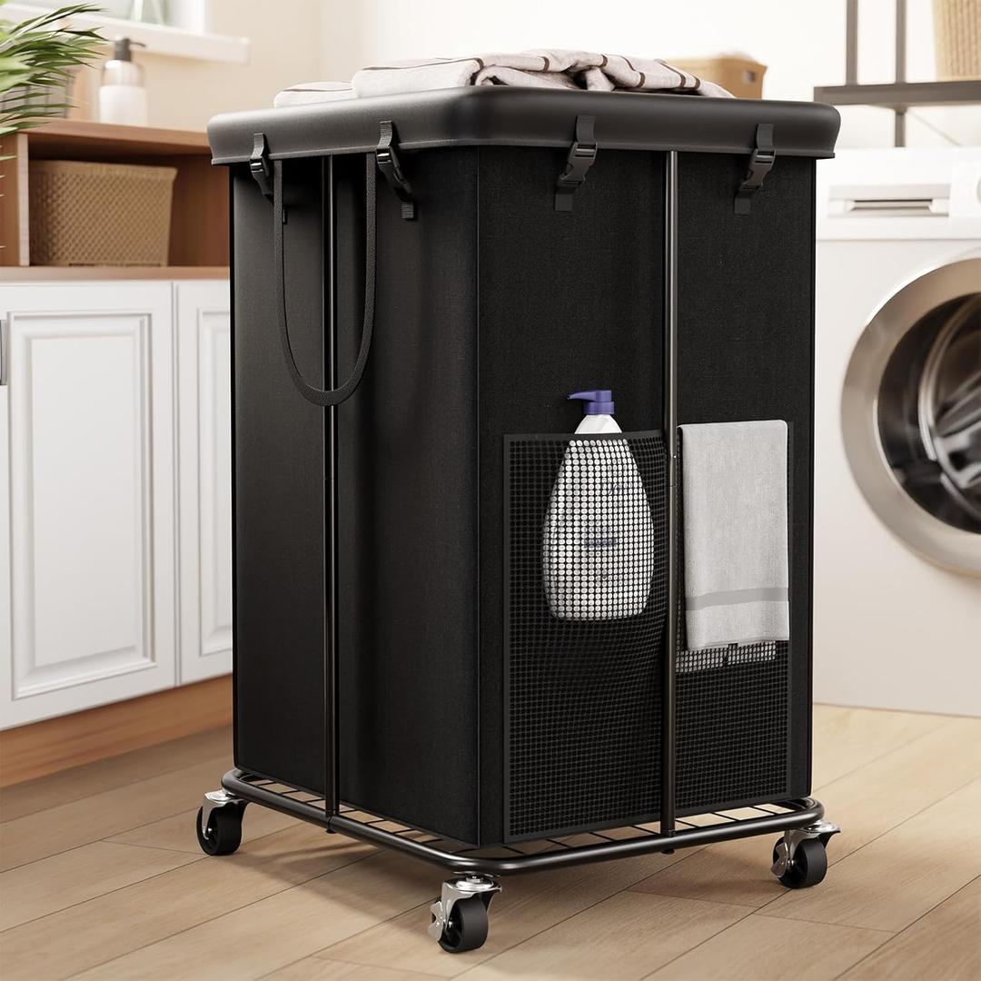 150L Laundry Basket with Wheels, Rolling Laundry Hamper with Cloth Cover, Laundry Cart with Metal Frame & Removable Bag, Large Dirty Clothes Hampers for Bedroom Aesthetic, Laundry Room Bathroom, Black