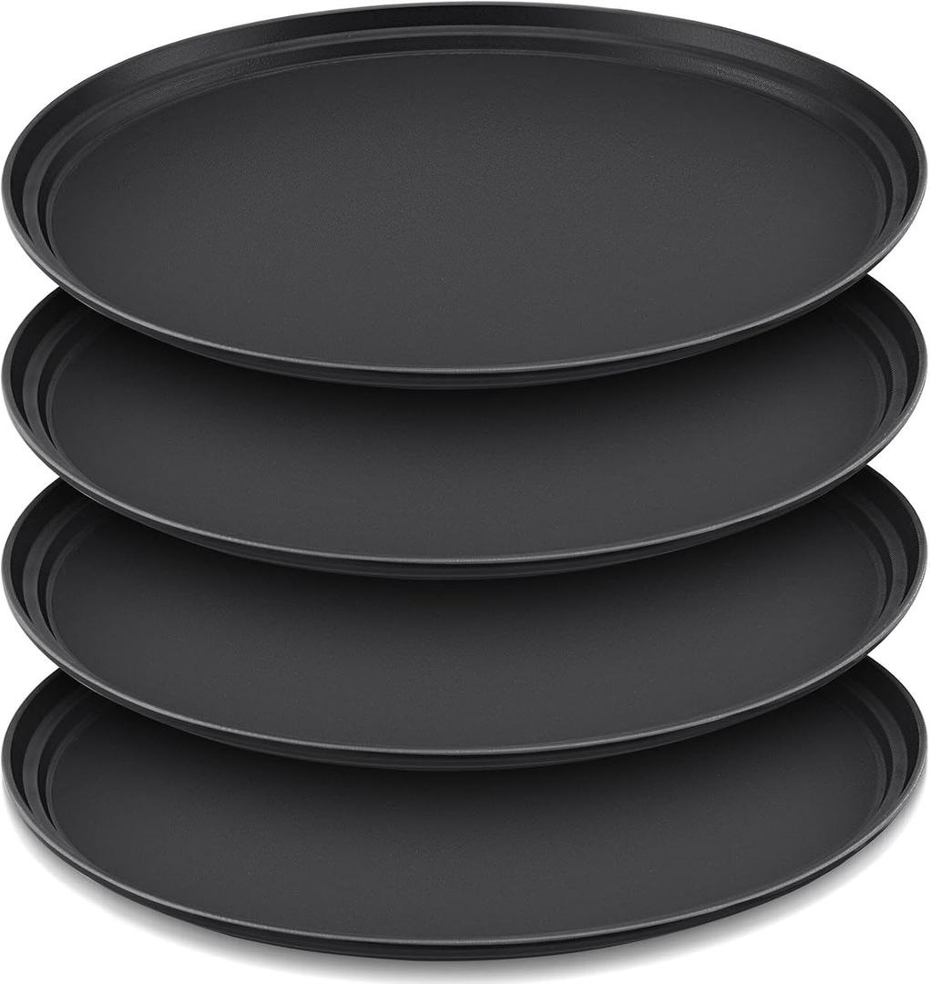 FillTouch 4 Pcs Restaurant Serving Trays PP Plastic Non Slip Rubber Lined Large Oval Tray for Kitchen Dining Room Cafeterias Fast Food Service (24 x 29 Inch,Black)