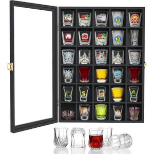 30 Shot Glass Display Case Wall Mounted, Shot Glass Holder with Door and Removable Shelve, Shot Organize for Home Bar Decor