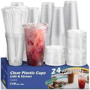 110 Pack 24 oz Clear Plastic Cups with Lids and Straws, Jumbo Disposable Cold Cups for Iced Coffee, Smoothie, Boba Tea, Party Drinks,BPA-Free Bulk Set