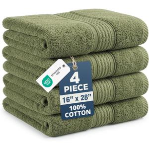 LANE LINEN Bath Hand Towels for Bathroom - 4 Pack (16" x 28"), 100% Cotton Hand & Face Towels Set - Soft, Prevent Fraying & Machine Washable - Everyday Family Towel, Gets Softer Each Wash - Oil Green
