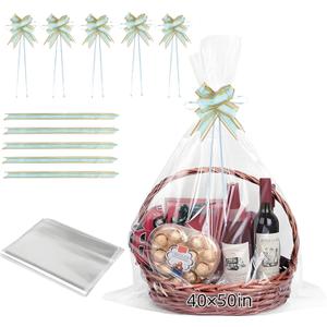 40x50 Extra Large Cellophane Bags with Bow Ties, Clear Plastic Cello Wrap Storage Bags, Jumbo Huge Basket Bags for Gift Basket Birthday Wedding Baby Bridal Shower Halloween (5 PCS, Ribbon Included)