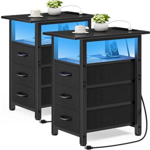 Vagusicc Set of 2 Black Nightstand with Charging Station and LED Lights, Narrow End Table, LED Night Stand with 3 Fabric Drawers for Bedroom, Small Bedside Table, Narrow Side Table for Small Spaces