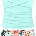 Aulyffo Girls Swimsuits Size 10-12 Bathing Suits Size 10-12 Tropical Print Two Piece Girl Tankini Criss Cross Ruched Girls Swimwear, Light Blue 11-12 Years