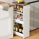 ChooChoo 4-Tier Slim Storage Cart, 7.87 inches Wide Narrow Storage Cabinet with 360 Wheels and 2 Hooks, Space-Saving Organizer for Kitchen, Narrow Places, Dining Room, Walnut+White