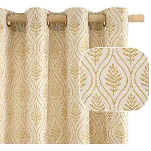 BGment Gold Linen Curtains for Living Room, French Country Leaf Jacquard Botanical Pattern Cottage Core Boho Vintage Grommet Light Filtering Semi Sheer Linen Curtains, 2 Panels, 52 x 84 Inch