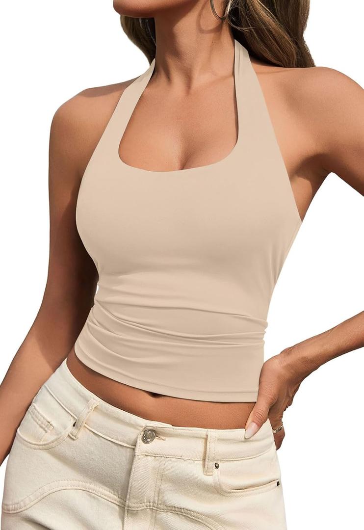 Womens Tank Tops Sexy Halter Neck Going Out Tops Summer 2026 Trendy Backless Workout Shirts Sleeveless Y2k Clothes, Nude, Medium