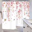 Riyidecor Pink Cherry Blossom Shower Curtain for Bathroom Decor 72Wx72H Asian Weeping Flower Birds Butterfly Japanese Sakura Floral Cute Art Printed Fabric Polyester Waterproof 12 Pack Metal Hooks