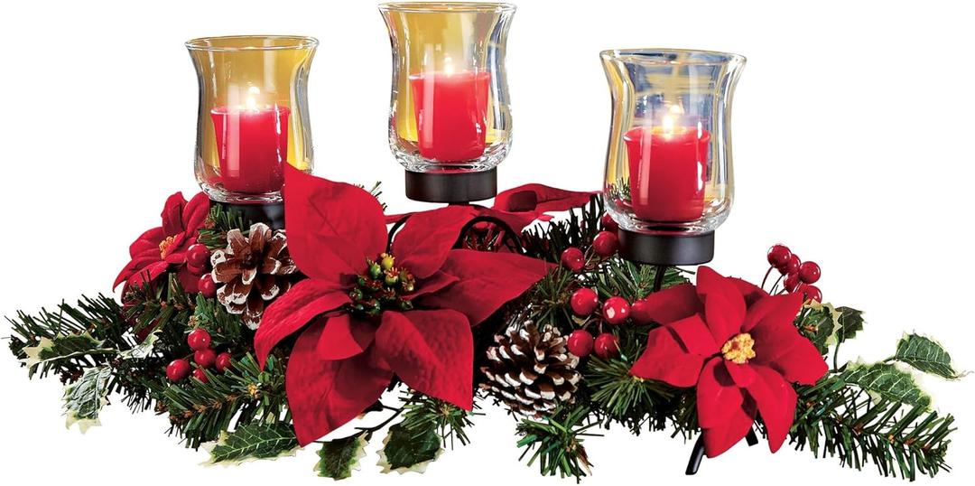 Collections Etc Christmas Poinsettia Candle Holder Centerpiece with Pinecones, Red 20" L x 9" W x 9 1/4" H