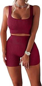YESDOO Women's Workout Outfits Ribbed Tank 2 Piece Seamless High Waist Gym Outfit Yoga Shorts Leggings Sets, Medium 