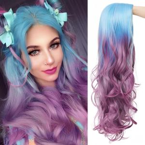 Kaneles Long Curly Wave Purple Wig for Women Blue To Purple Hair Wigs Middle Part Wavy Wig Tow Color Wigs For Cosplay Daily Party Women Wig