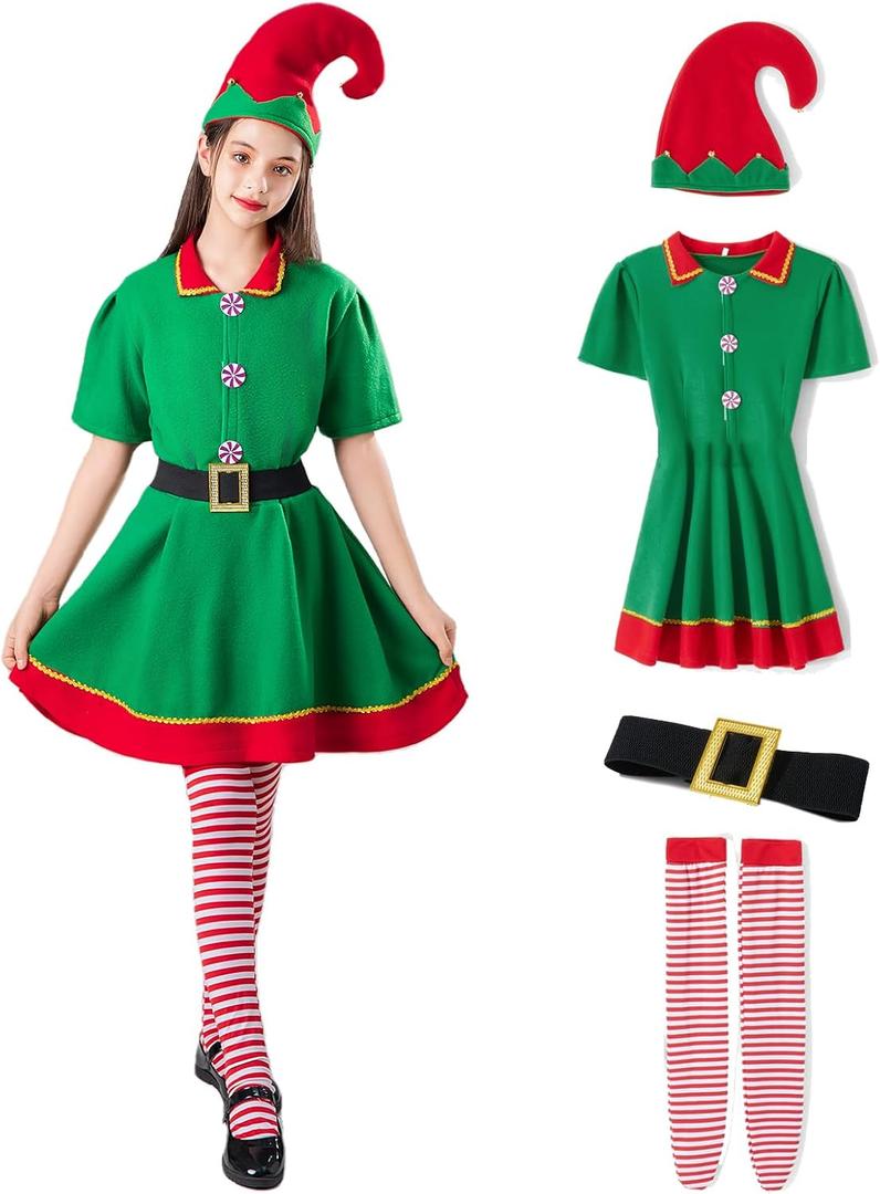 Christmas Elf Costume for Toddler Baby Boys Girls Santa Costume Outfit Xmas Clothes Top +Pants + Hat Cosplay Outfit (7-8 Years)