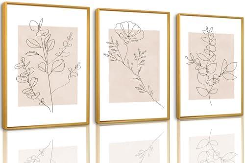 CHDITB Floral Line Framed Canvas Wall Art Set, Minimalist Flower Wall Decor, Neutral Beige Plants Wall Painting, Abstract Botanical Leaf Stripe Art Print for Living Room, Bedroom, Office - 16"x24"x3
