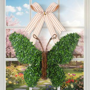 20 Inch Butterfly Shaped Wreath with Bow Greenery Spring Artificial Wreaths Farmhouse Door Sign for Indoor and Outdoor Porch Front Door Wall Window Mantels Fireplace Wedding Decor Gift