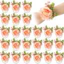 Sherr 24 Pcs Wedding Rose Wrist Corsage Wristlet Band for Bridal Bridesmaid Women Flowers Bracelets Decor Wedding Artificial Flowers for Party Prom Homecoming (Pink)