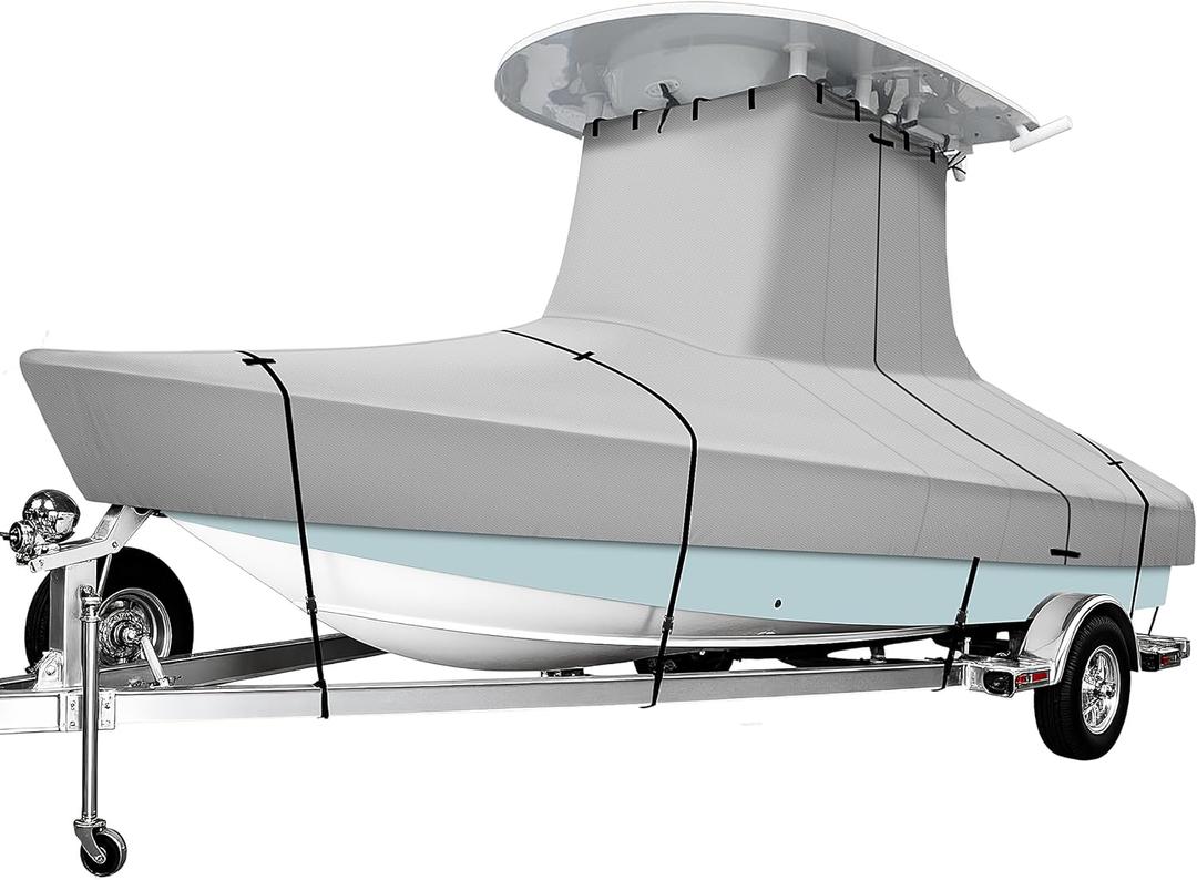 iCOVER T-Top Boat Cover, 600D Heavy Duty Marine Grade Waterproof Tear Resistant Boat Cover for Center Console Boat with T TOP Roof, Fits 22'-24' Long Beam Width up to 116", Grey