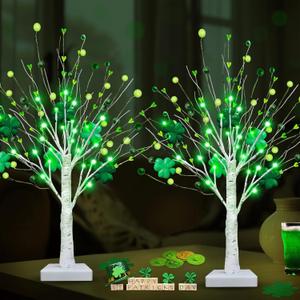 Prelit & Timer - St. Patrick's Day Decorations, 2 Pack 18 Inch St Patricks Day Tree Tabletop Lighted Birch Tree 24 LED Green Lights Shamrock Berries Battery Operated St. Patrick's Day Decor Home Party
