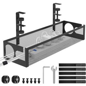 Under Desk Cable Management Tray No Drill 15.1, Metal Mesh Cable Management Box with Hybrid Side Slots Cable Raceway,Adjustable Cable Tray with Wire Management for Office Home,1 Pack (Black)
